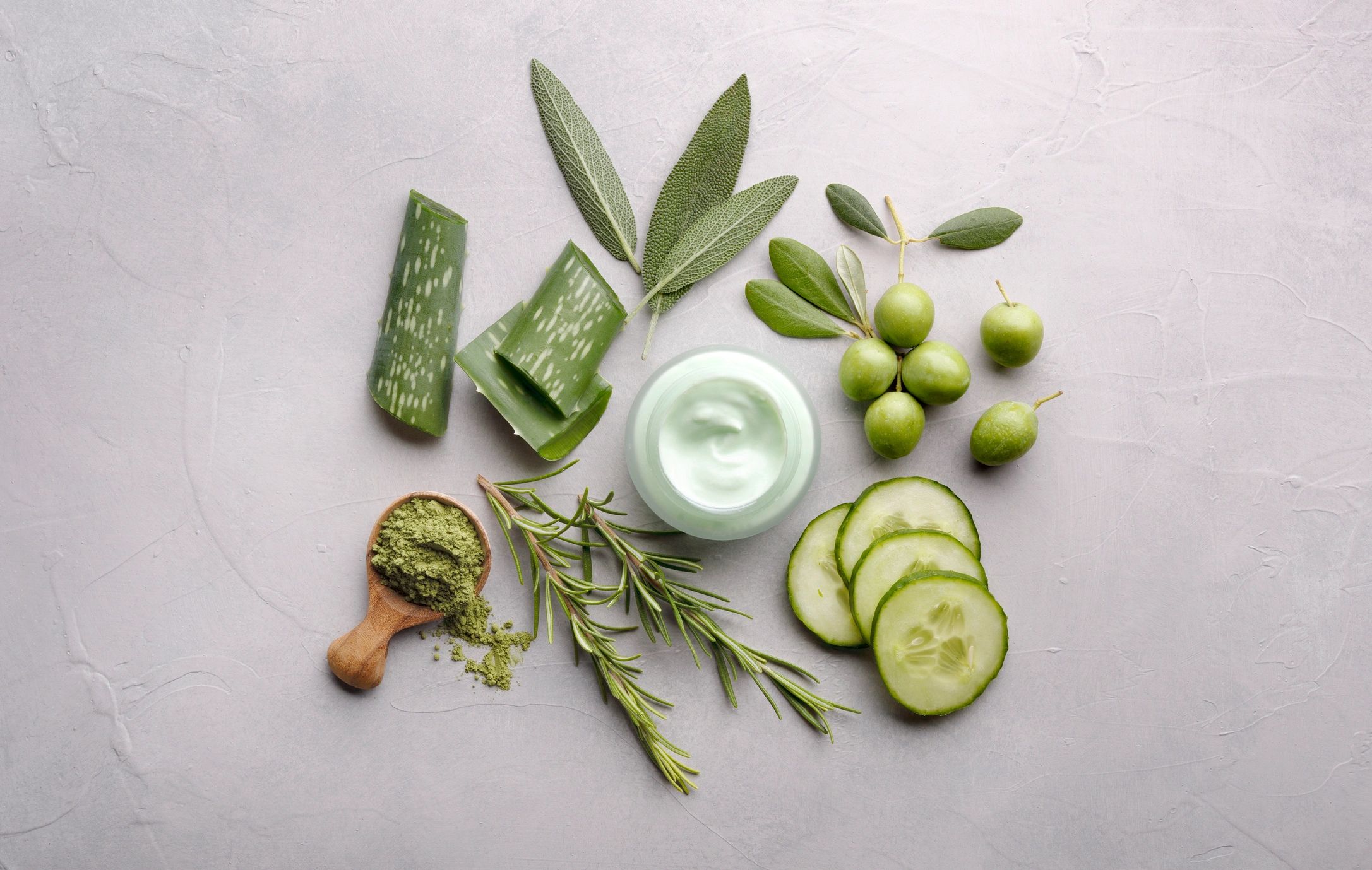 Natural green cosmetic ingredients arranged for product making